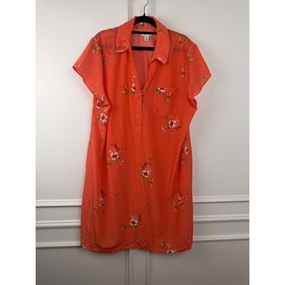 Old Navy Women XL Coral Orange Floral Short Sleeve Button Front Shift Mini Dress